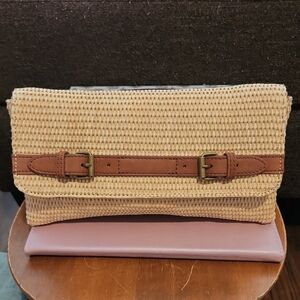 NEW CLUB MONACO Natural Paper Straw Clutch w/ Brown Leather Front Detailing